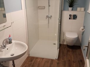 Reetdachhaus Ferienwohnung Reethaus Lütt Badezimmer mit Dusche